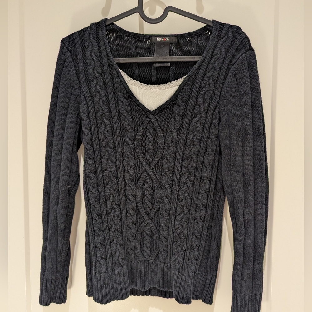 Navy Cable Knit V-Neck Sweater